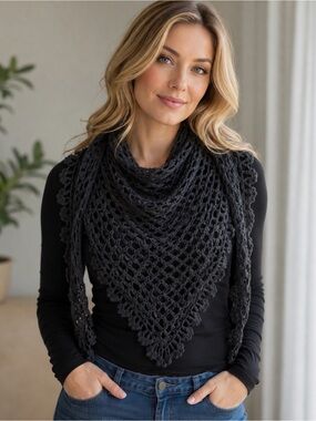 Dark Gray Crocheted Triangle Shawl with flower Trim handmade by me!